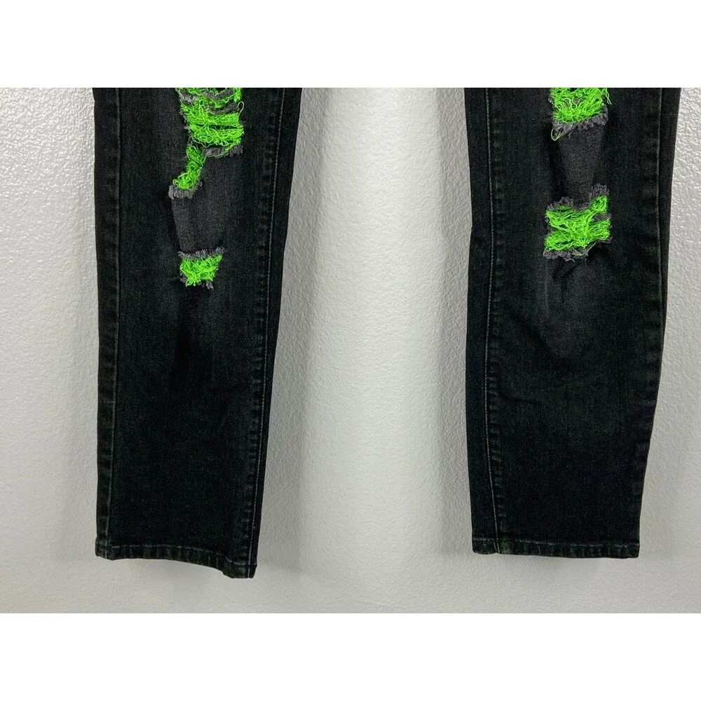 Men 36/29 Black Stretch Denim Jeans Green Distressed Urban Wear - Picture 4 of 9